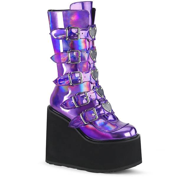 Demonia Women's Swing-230 Platform Mid Calf Boots - Purple Hologram D4569-01US Clearance